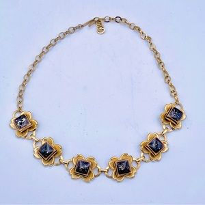 Vintage Mid Century Gold Tone Floral Square Link Necklace